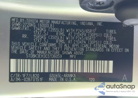 2012 Toyota Highlander Se V6 z USA, uszkodzony, nr VIN 5TDBK3EH3CS136059